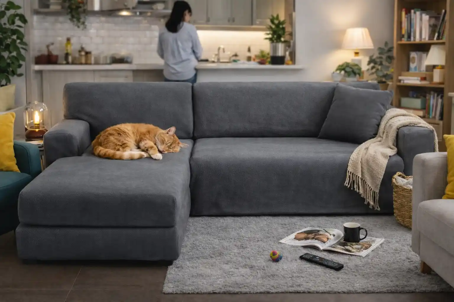 Funda protectora gatos cheslong de diseño integral y elástico a prueba de tirones para sofás en forma de L de grandes dimensiones.